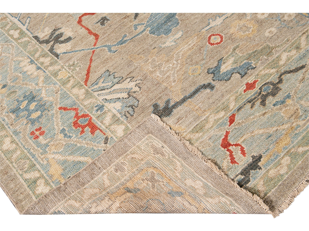 Modern Sultanabad Beige Handmade Square Medallion Designed Wool Rug