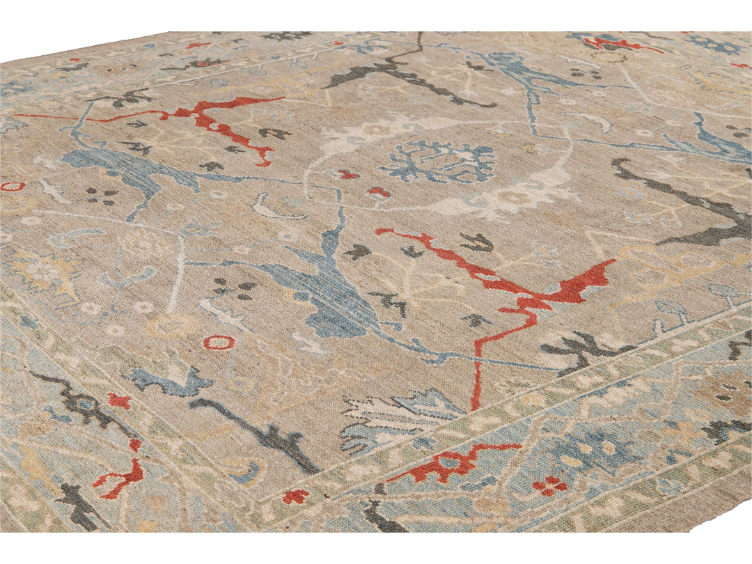 Modern Sultanabad Beige Handmade Square Medallion Designed Wool Rug