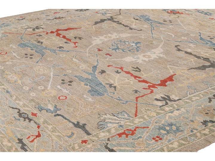 Modern Sultanabad Beige Handmade Square Medallion Designed Wool Rug