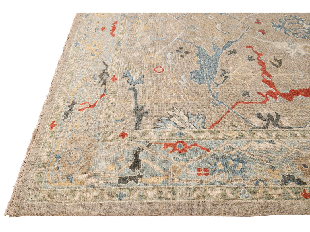 Modern Sultanabad Beige Handmade Square Medallion Designed Wool Rug