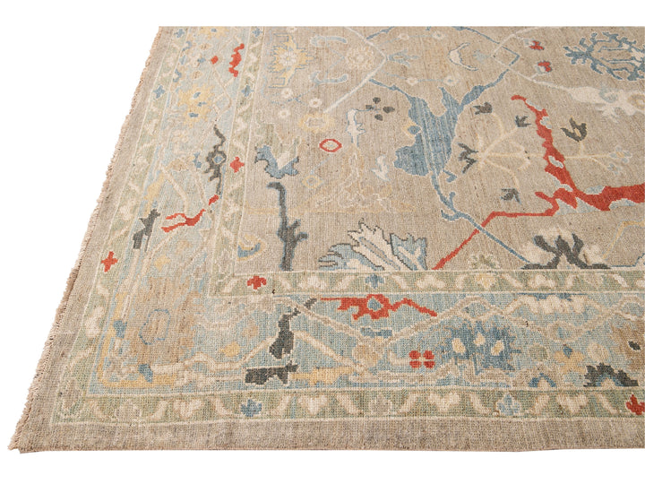 Modern Sultanabad Beige Handmade Square Medallion Designed Wool Rug