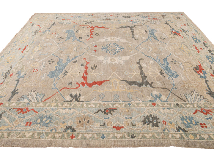 Modern Sultanabad Beige Handmade Square Medallion Designed Wool Rug