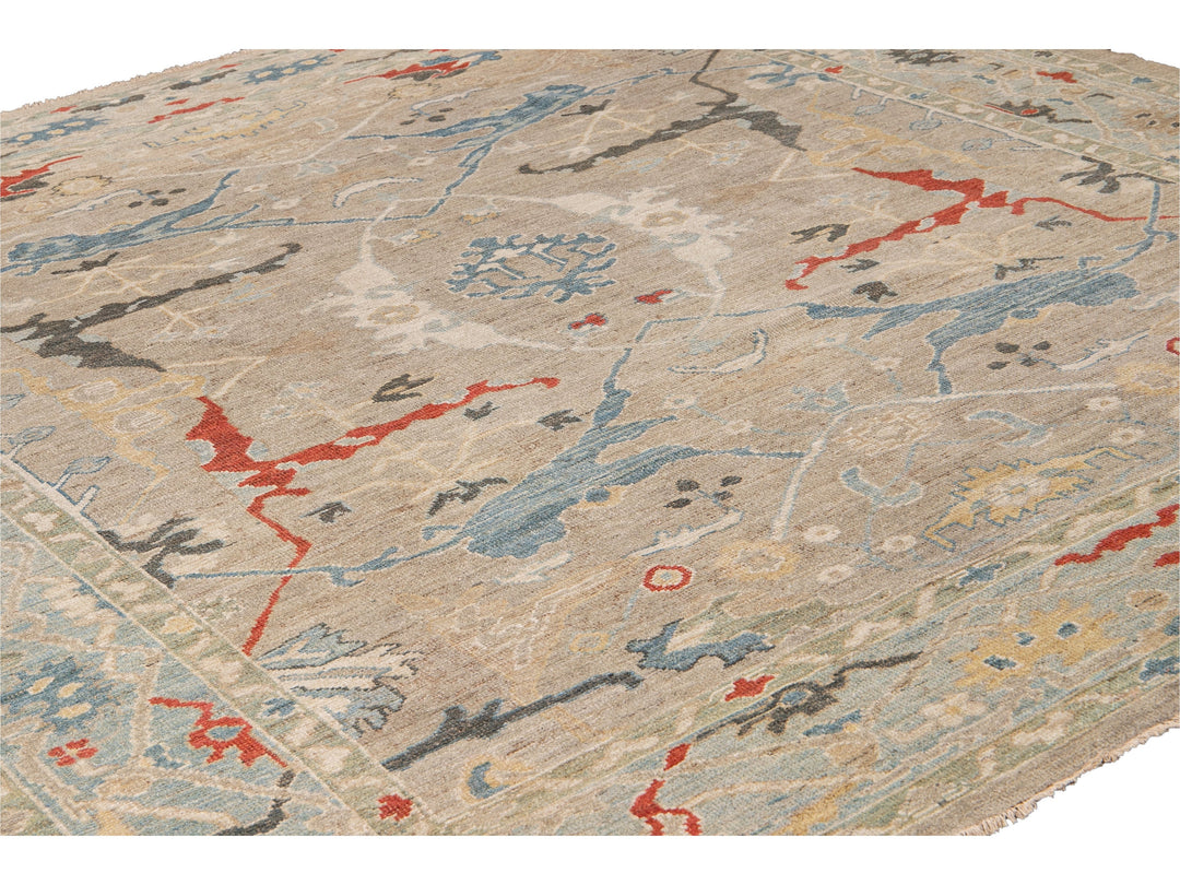 Modern Sultanabad Beige Handmade Square Medallion Designed Wool Rug