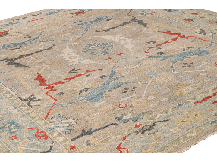Modern Sultanabad Beige Handmade Square Medallion Designed Wool Rug