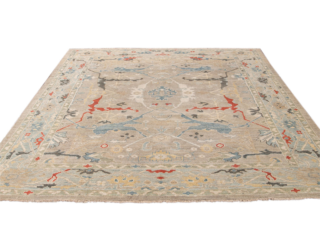 Modern Sultanabad Beige Handmade Square Medallion Designed Wool Rug