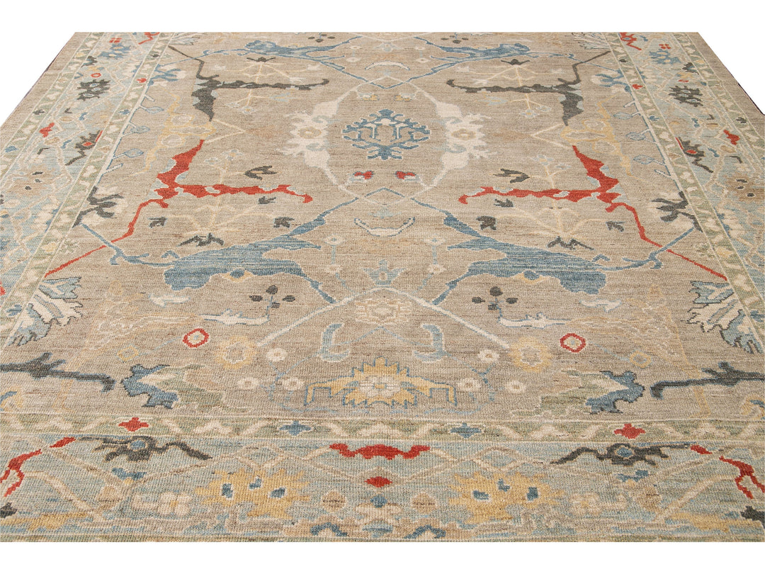 Modern Sultanabad Beige Handmade Square Medallion Designed Wool Rug
