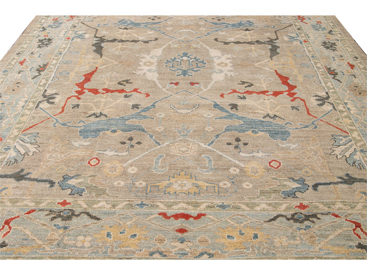 Modern Sultanabad Beige Handmade Square Medallion Designed Wool Rug