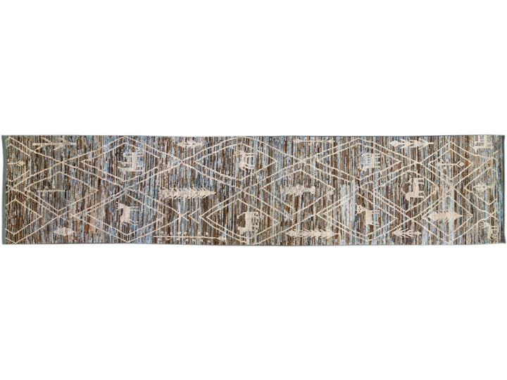 Modern Moroccan Style Blue & Brown Handmade Wool Runner with Tribal Motif