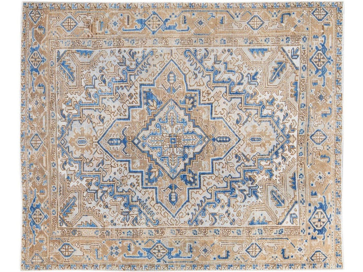 Antique Persian Heriz Beige and Blue Handmade Medallion Designed Wool Rug
