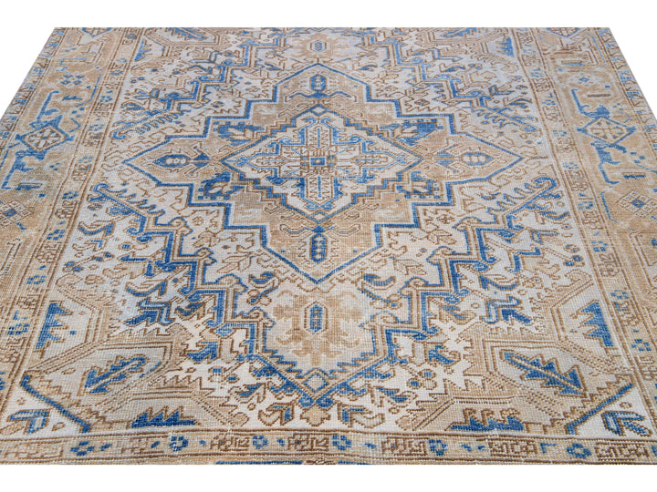 Antique Persian Heriz Beige and Blue Handmade Medallion Designed Wool Rug
