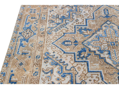 Antique Persian Heriz Beige and Blue Handmade Medallion Designed Wool Rug