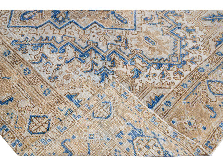 Antique Persian Heriz Beige and Blue Handmade Medallion Designed Wool Rug
