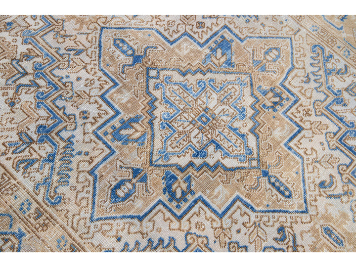 Antique Persian Heriz Beige and Blue Handmade Medallion Designed Wool Rug