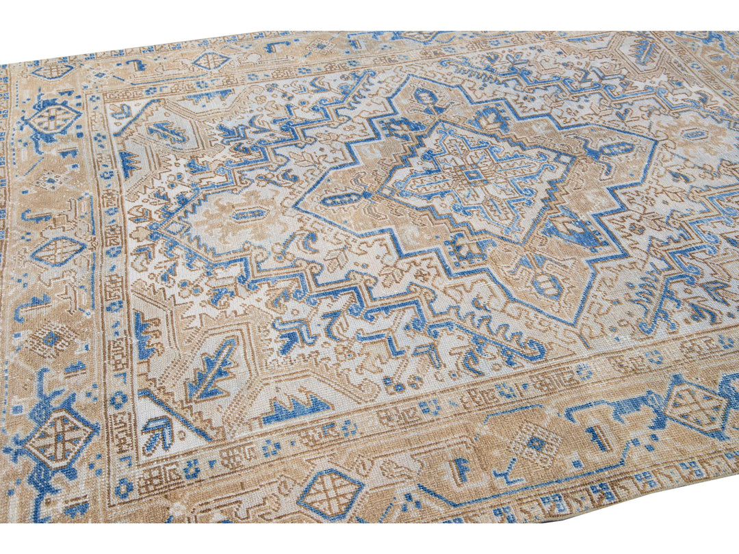 Antique Persian Heriz Beige and Blue Handmade Medallion Designed Wool Rug