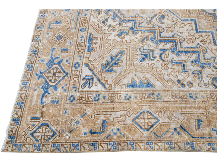 Antique Persian Heriz Beige and Blue Handmade Medallion Designed Wool Rug
