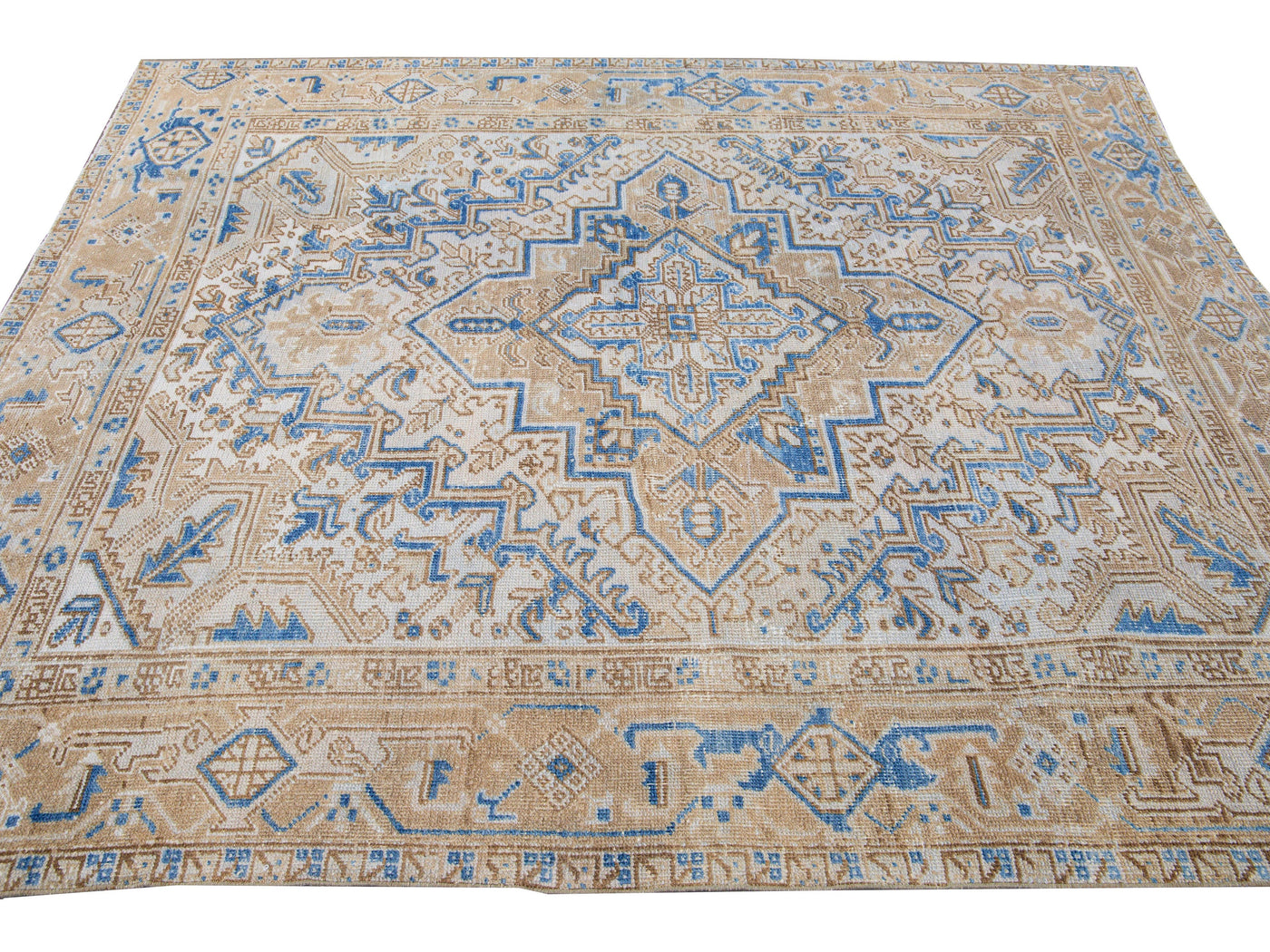 Antique Persian Heriz Beige and Blue Handmade Medallion Designed Wool Rug