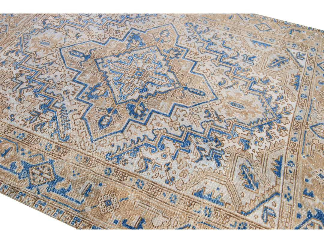 Antique Persian Heriz Beige and Blue Handmade Medallion Designed Wool Rug
