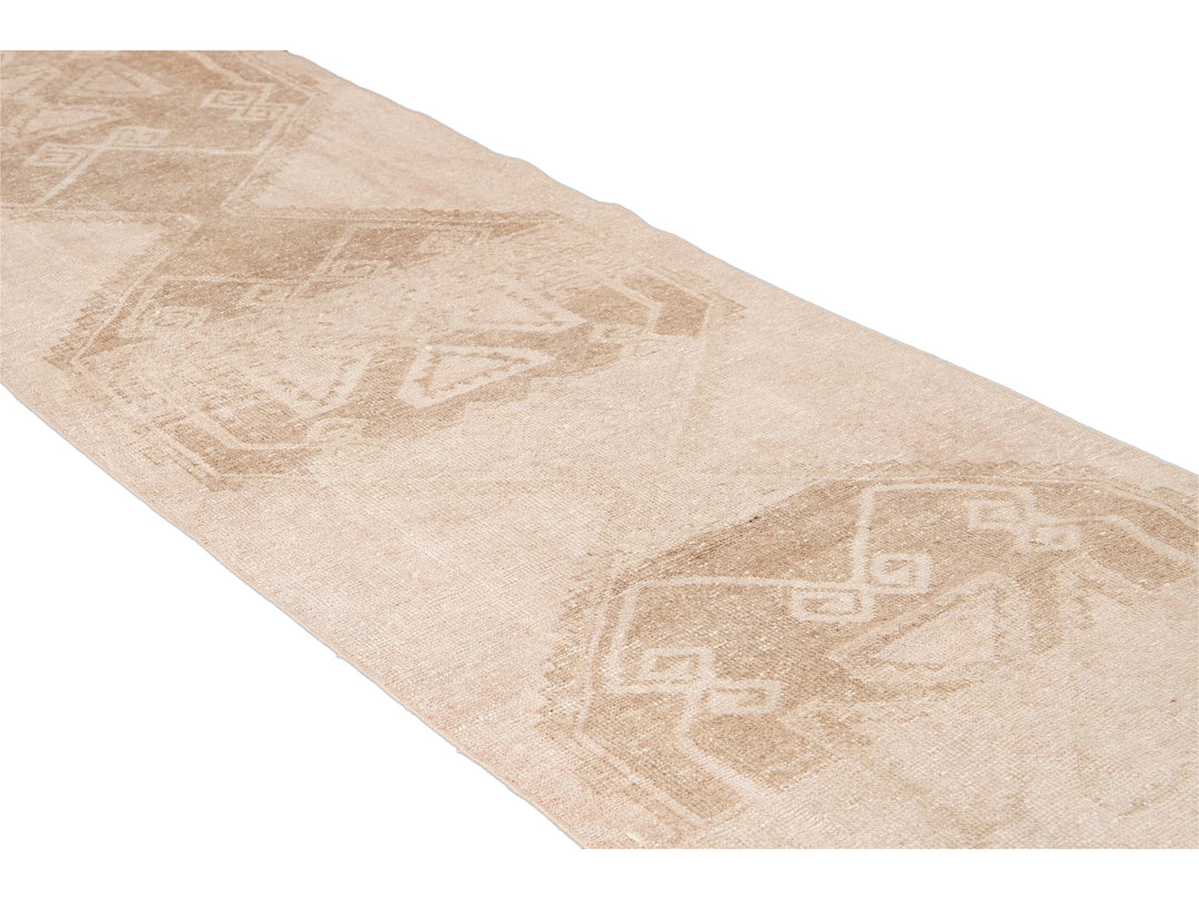 Vintage Turkish Handmade Beige Tribal Wool Runner
