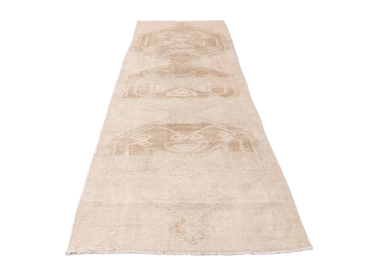 Vintage Turkish Handmade Beige Tribal Wool Runner