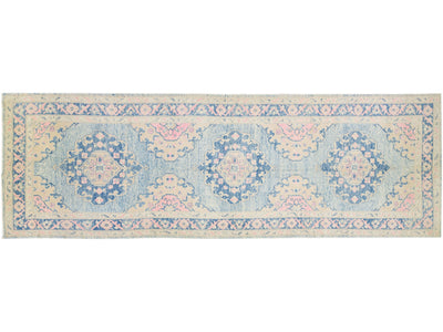 Modern Turkish Oushak Handmade Blue & Pink Medallion Wool Runner