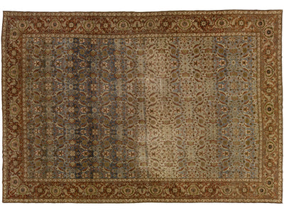 Antique Persian Tabriz Handmade Allover Floral Tan Wool Rug