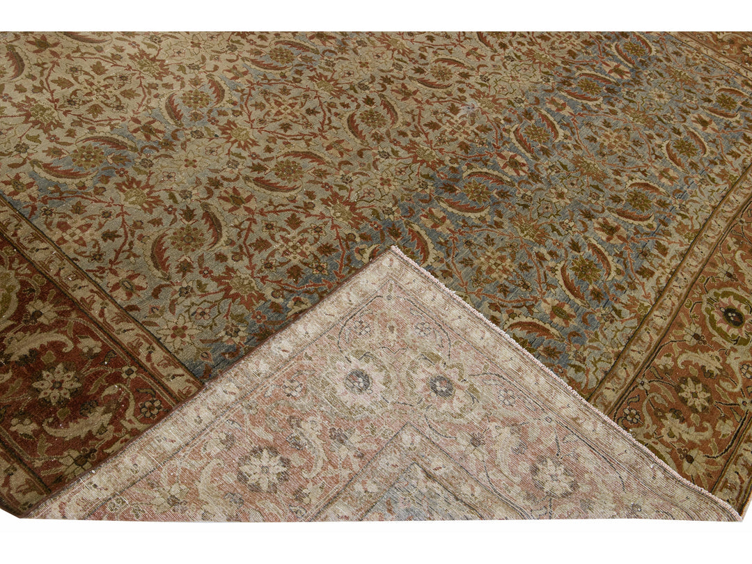 Antique Persian Tabriz Handmade Allover Floral Tan Wool Rug
