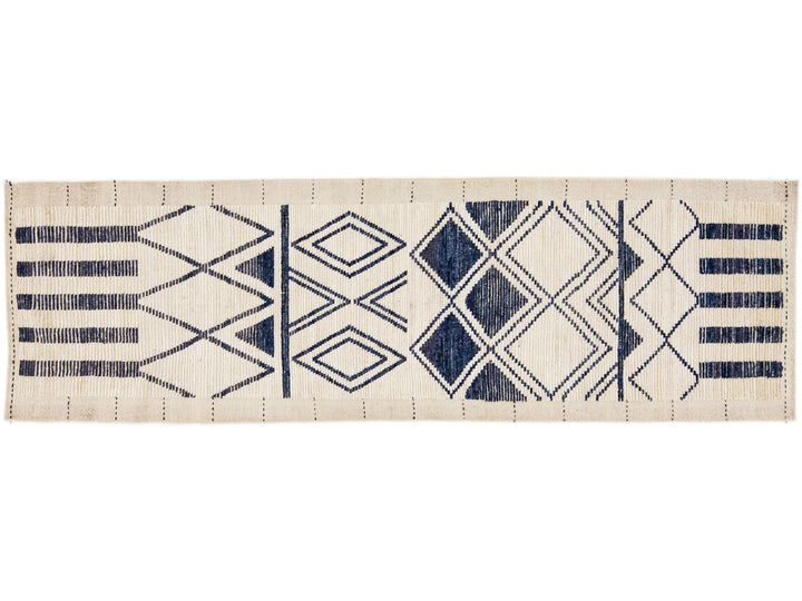 Beige Modern Moroccan Style Handmade Wool Runner with Tribal Motif