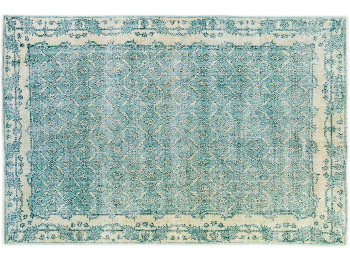 Vintage Turkish Deco Handmade Floral Pattern Teal Wool Rug