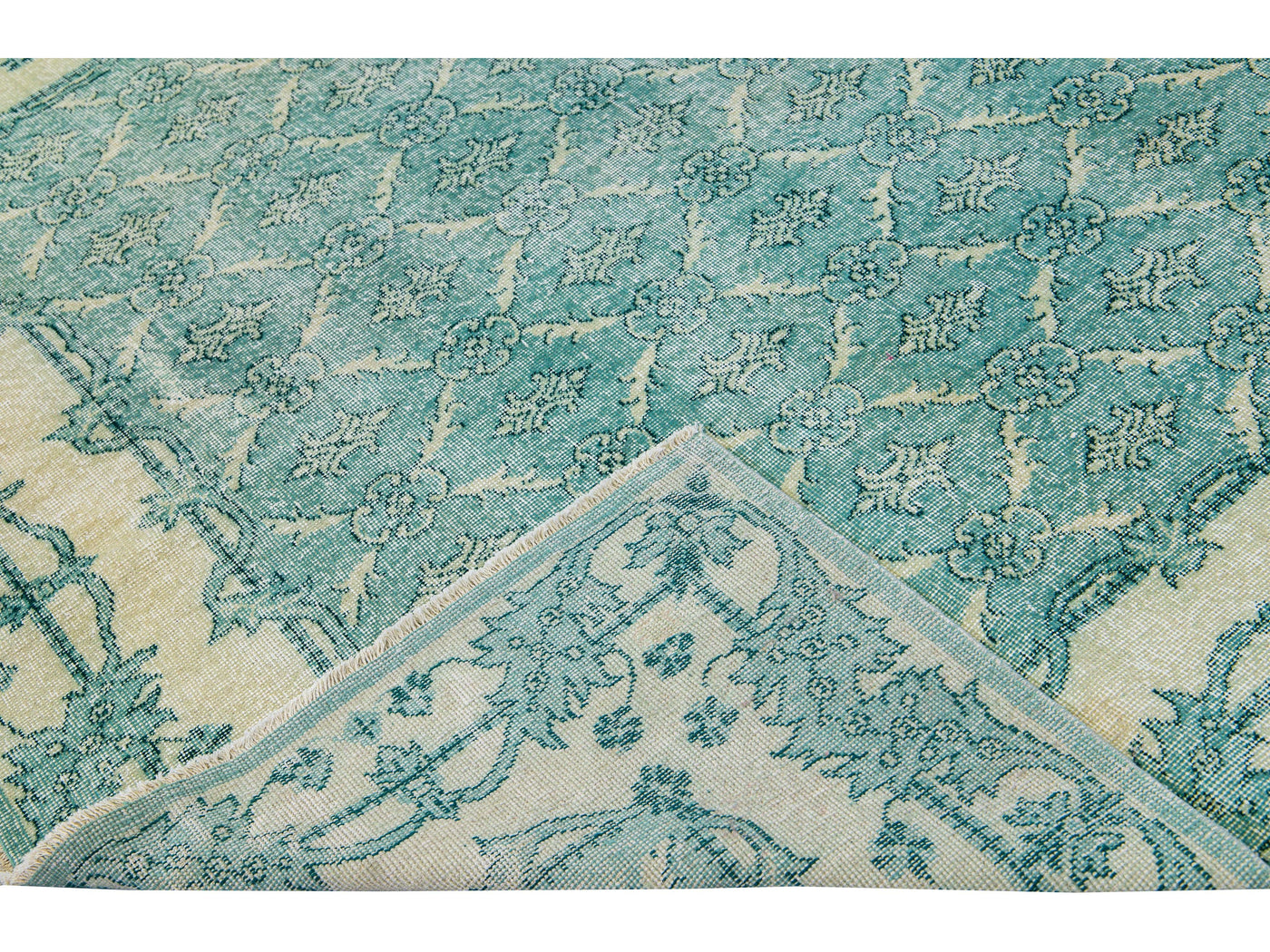 Vintage Turkish Deco Handmade Floral Pattern Teal Wool Rug