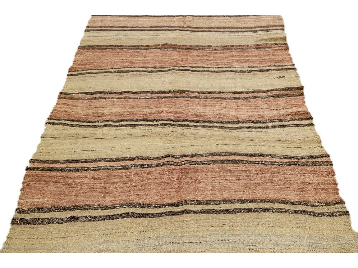 Tan Vintage Kilim Handmade Flatweave Striped Motif Wool Rug
