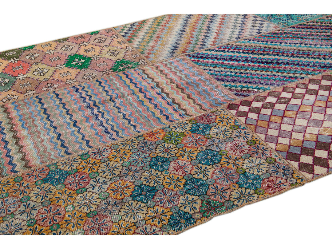 Vintage Turkish Handmade Patchwork Design Wool Rug