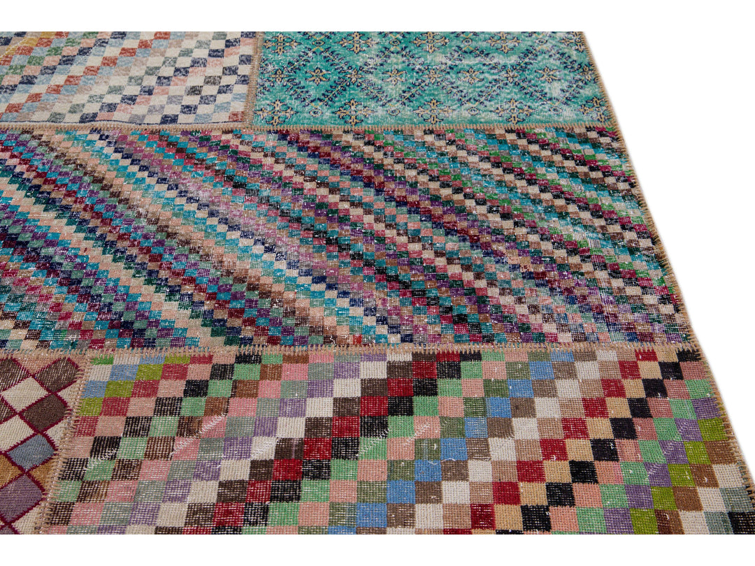 Vintage Turkish Handmade Patchwork Design Wool Rug