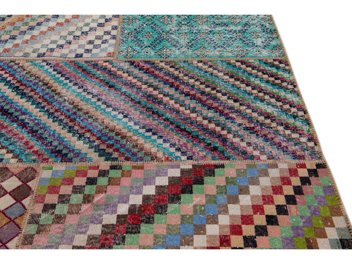 Vintage Turkish Handmade Patchwork Design Wool Rug