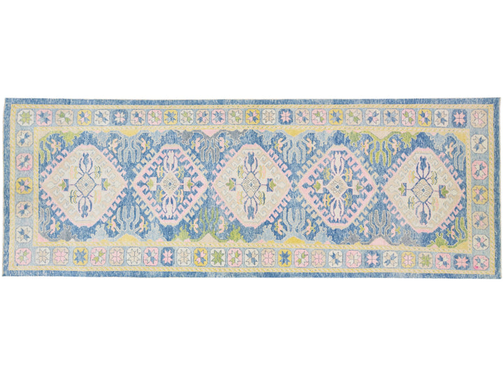 Modern Turkish Oushak Multicolor Handmade Wool Runner with Tribal Design