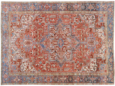 Antique Persian Heriz Handmade Rust Wool Rug With Medallion Design