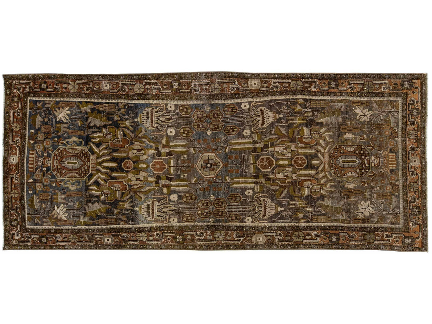 Antique Persian Bidjar Gray & Blue Handmade Wool Runner With Allover Motif