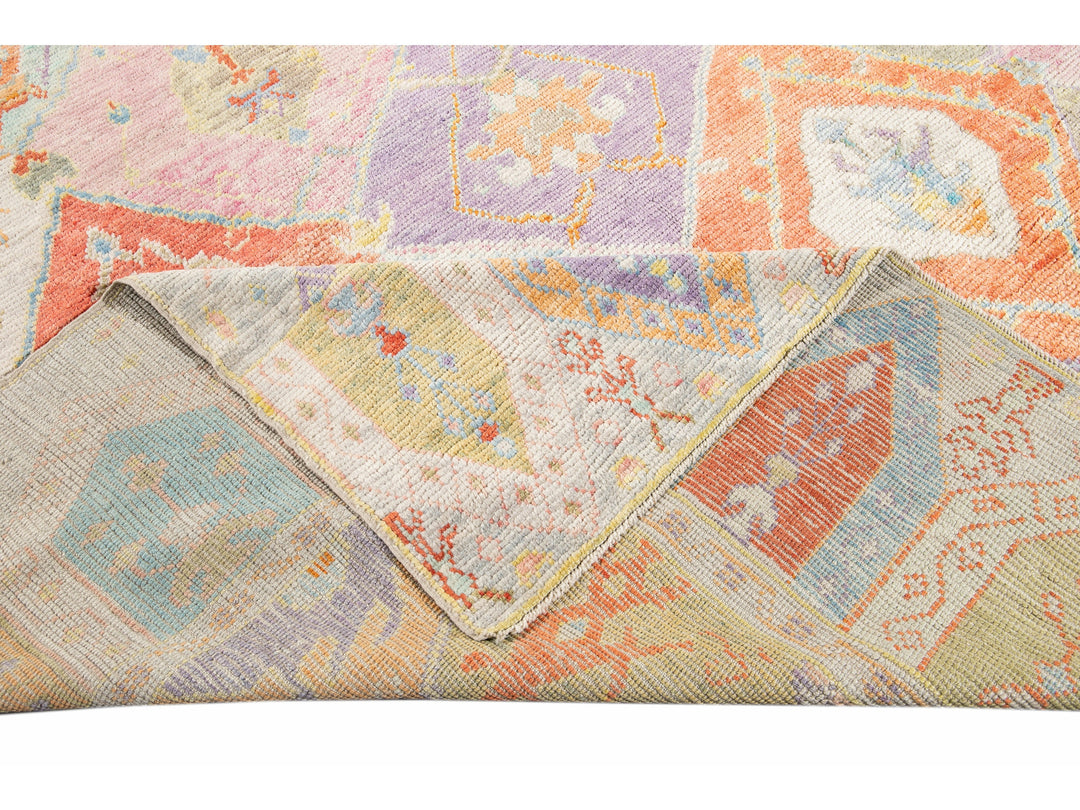 Modern Oushak Handmade Multicolor Geometric Designed Wool Rug