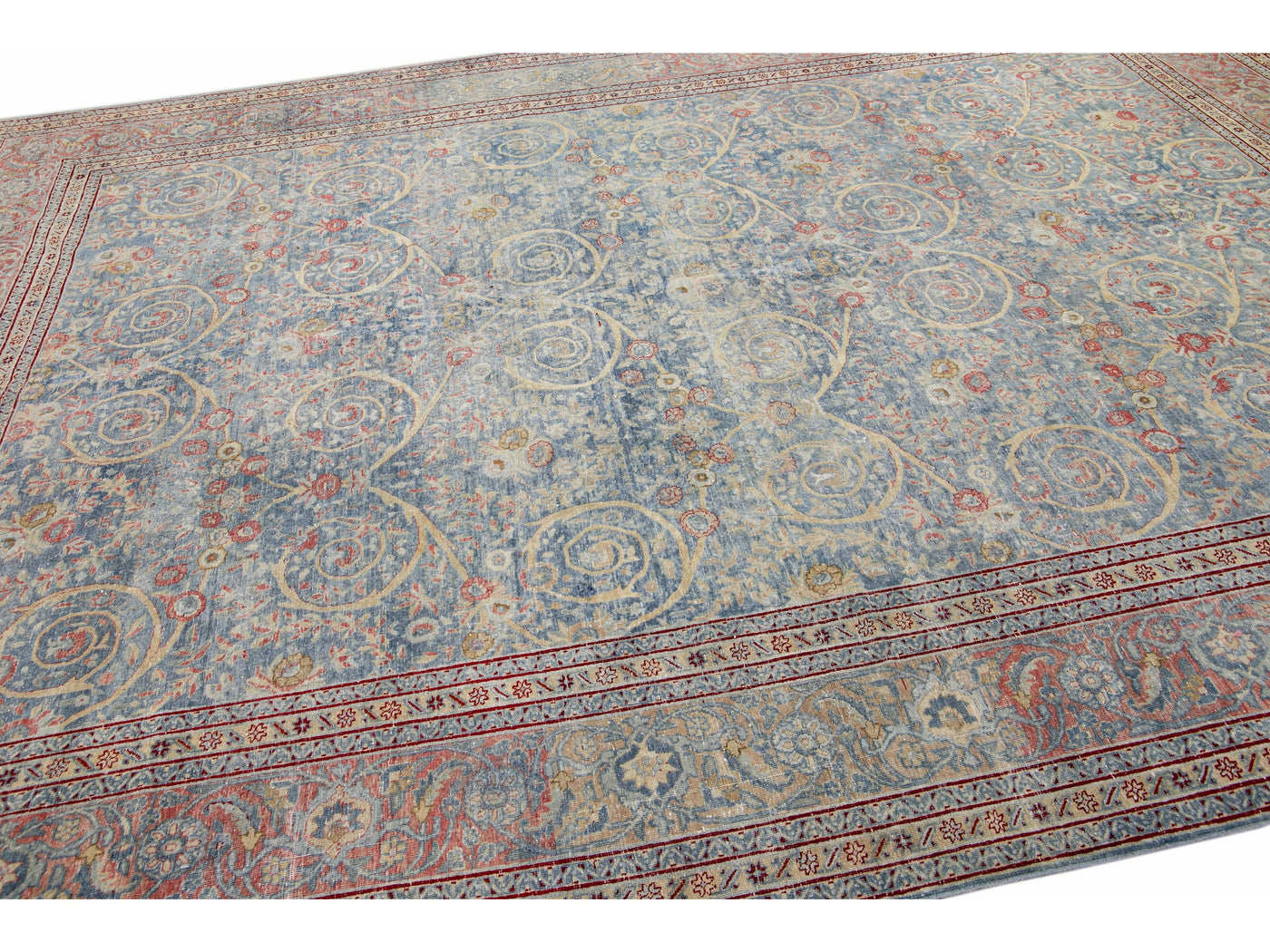 Antique Blue Tabriz Handmade Allover Designed Persian Wool Rug