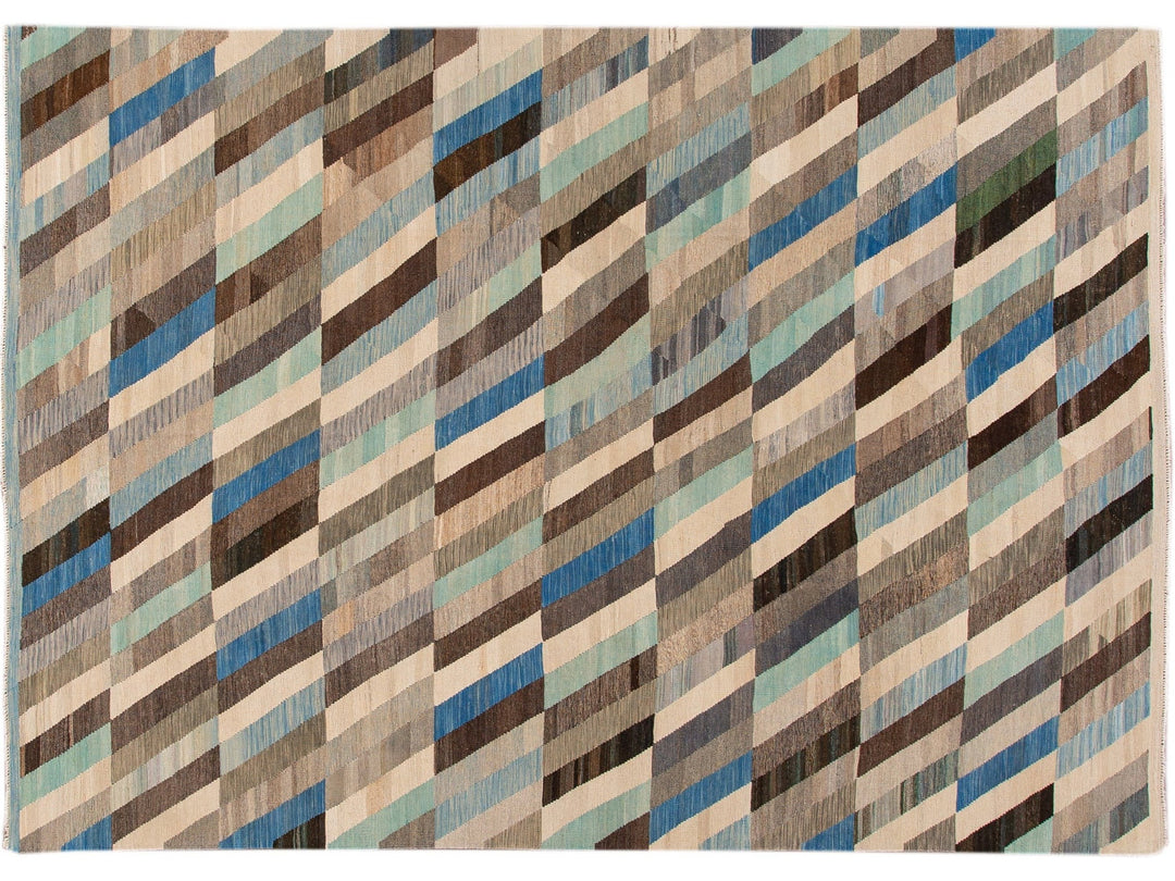 Contemporary Kilim Flatweave Multicolor Geometric Abstract Wool Rug