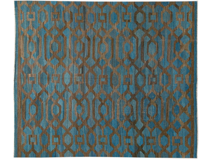 Modern Geometric Kilim Handmade Room Size Blue Wool Rug