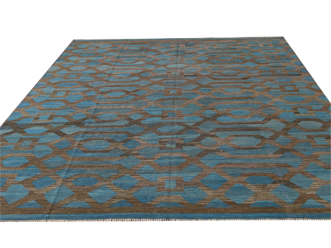 Modern Geometric Kilim Handmade Room Size Blue Wool Rug