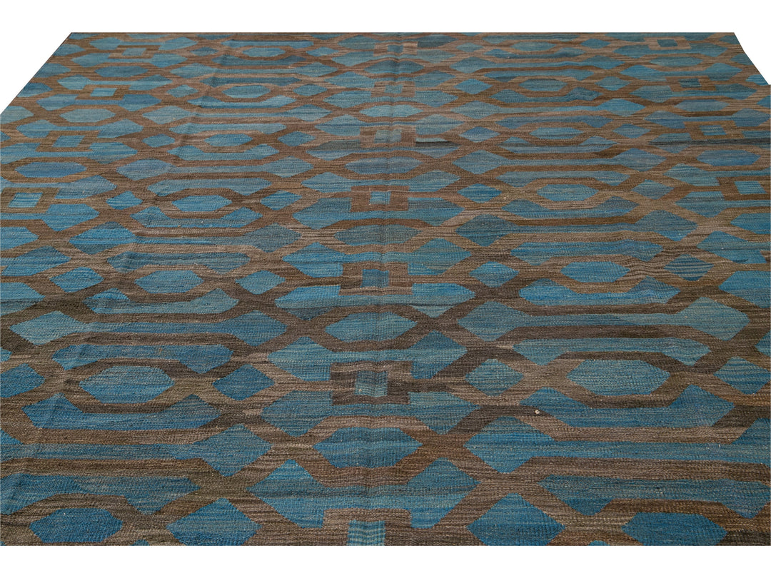 Modern Geometric Kilim Handmade Room Size Blue Wool Rug