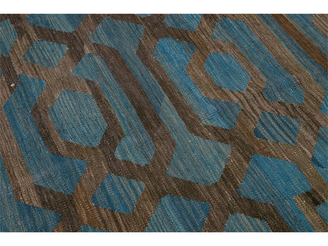 Modern Geometric Kilim Handmade Room Size Blue Wool Rug