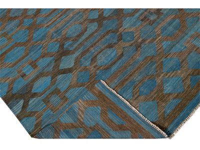 Modern Geometric Kilim Handmade Room Size Blue Wool Rug