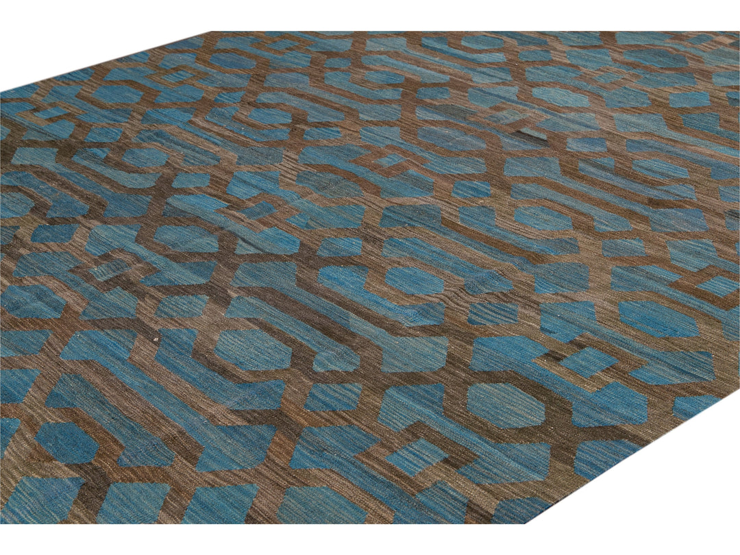 Modern Geometric Kilim Handmade Room Size Blue Wool Rug