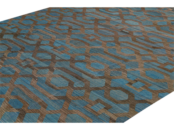 Modern Geometric Kilim Handmade Room Size Blue Wool Rug