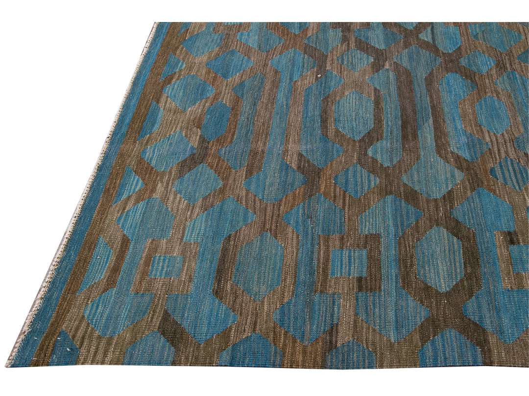 Modern Geometric Kilim Handmade Room Size Blue Wool Rug