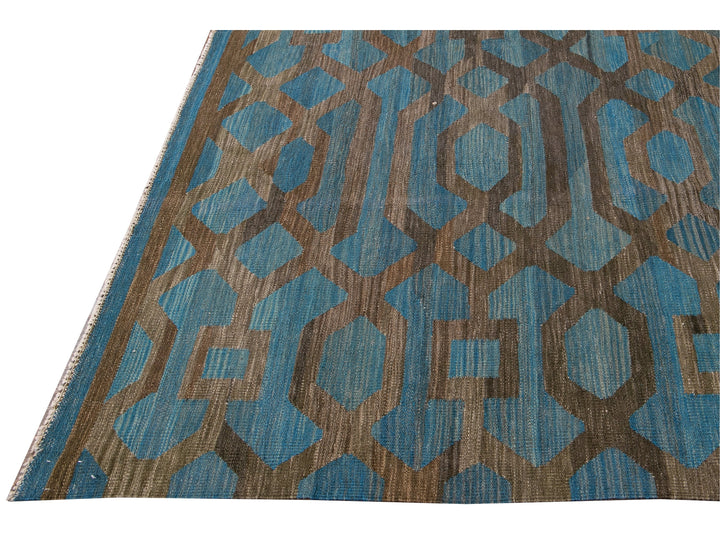 Modern Geometric Kilim Handmade Room Size Blue Wool Rug