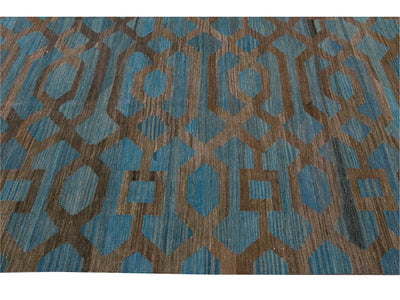Modern Geometric Kilim Handmade Room Size Blue Wool Rug