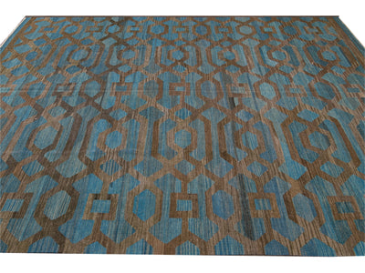 Modern Geometric Kilim Handmade Room Size Blue Wool Rug